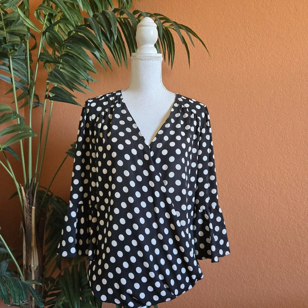3/$25 INC International Concepts Polka Dot Blouse Black White XL Ruffle Sleeve - Picture 10 of 10